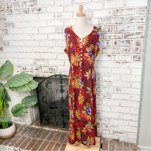 Vintage Scarlett Tropical Animal Print Shell Button Sleeveless Tie Maxi Dress - Picture 1 of 9